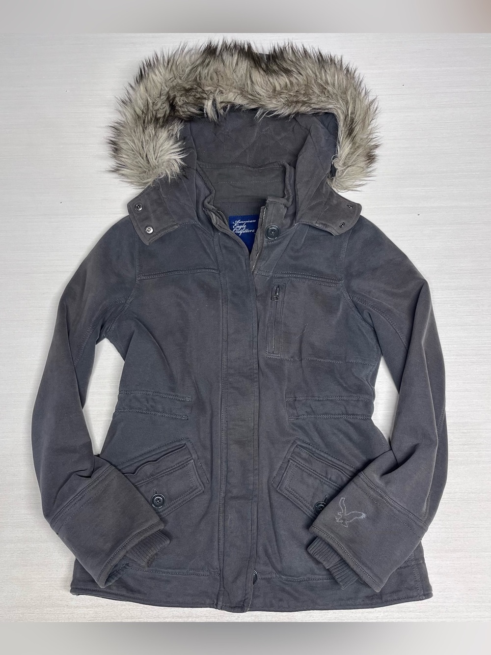 American Eagle Vintage Y2K Grey Faux Fur Lined Hood Fitted Jacket med